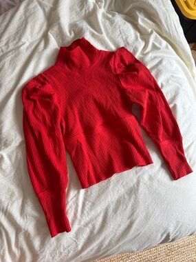 Free People Red Ribbed Mock Neck Long Sleeve Top